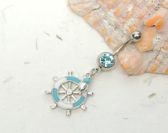 Stainless Steel belly button ring Sterling Silver Ship Helm Wheel CZ Navel C27