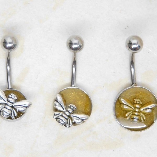 Bee Belly Ring You Choose 8mm 10mm or 12mm, Handcrafted Navel Jewelry, Bee Jewelry, 14g Surgical Steel, Belly Bar