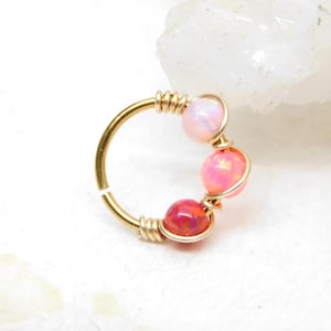 Pink Ombre Opal Beaded Cartilage Hoop, Opal Nose Hoop Ring, Tragus Hoop, Helix Daith Orbital Piercing, Seamless Hoops, Opal Hoops