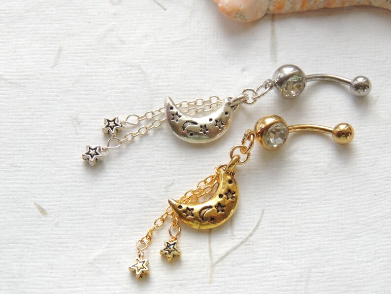 Crescent Moon and CZ Star Dangle Belly Button Ring - Gold