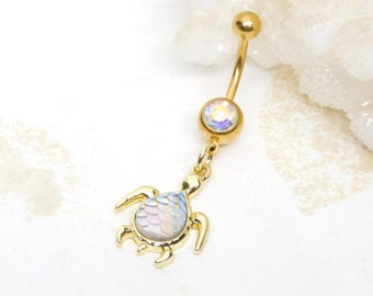 Iridescent Mermaid Scale Turtle Belly Ring, Golden Sea Turtle, Nautical Beach Ocean Jewelry