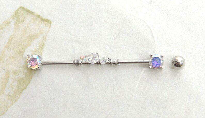 Aurora Borealis Wire Wrapped Industrial Barbell, Scaffold Ear Earring, Industrial Piercings, 14g Surgical Steel Body Jewelry 画像 7