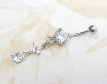 Floral Sparkle Belly Ring, Navel Jewelry, Gold Belly Rings, Body Jewelry, 14g Prong Set