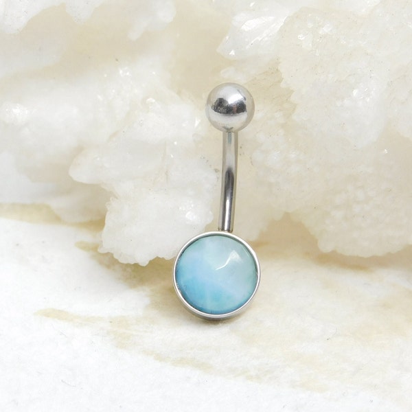 Larimar Belly Ring 8mm Stone, 14g Surgical Steel, Gemstone Belly Ring, Non-Dangle Belly Ring, Navel Piercing, Larimar Jewelry, Gift for Her