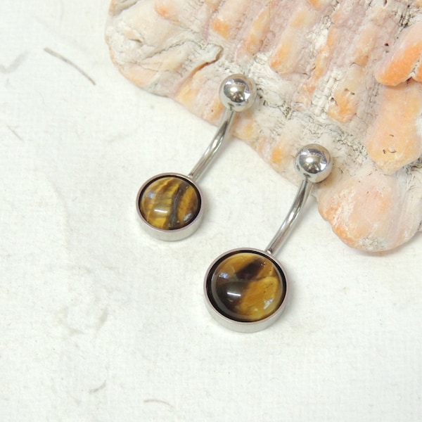 Tigers Eye Gemstone Belly Ring You Choose 8mm or 10mm Stone, Non Dangle Belly Ring, Simple Belly Ring, Navel Piercings