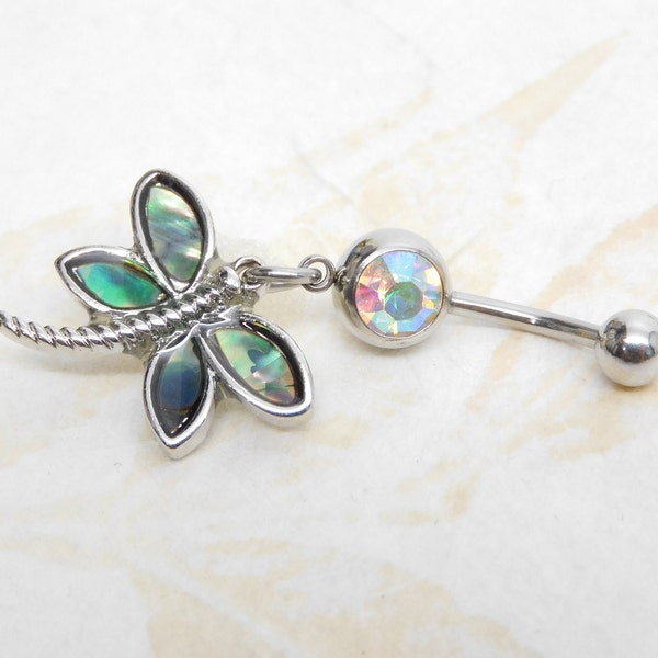 Abalone Dragonfly Belly Ring, Belly Button Jewelry, Dragonfly Jewelry, 14g Surgical Steel