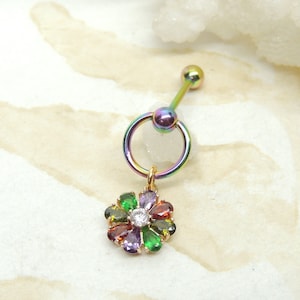 14G Rainbow Flower VCH Vertical Clitoral Hood Piercing, Intimate Piercing Jewelry, Genital Piercing, Multi Colored CZ Flower