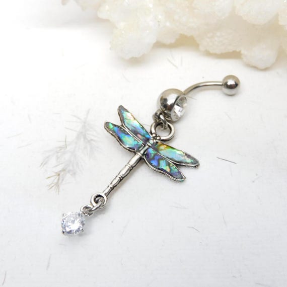 Abalone Dragonfly Belly Ring, Belly Button Jewelry, Dragonfly Jewelry, Navel Rings