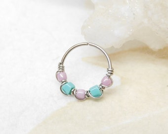 Turquoise Mauve Beaded Nose Hoop Ring, Snug Fitting Nose Hoop Cartilage Hoop Ring, 20g 8mm 10mm Tiny Hoop