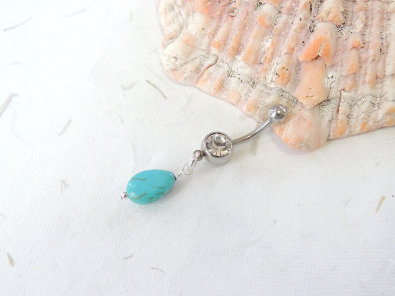 Turquoise Dangle Belly Button Ring Silver Belly Ring Teardrop Belly Ring Turquoise Belly Ring