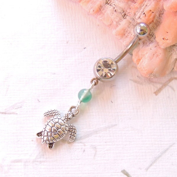 Turtle Belly Ring with Green Agate, Belly Button Jewelry, Dangle Belly Ring, Turtle Lover, Cute Belly Ring