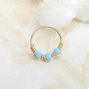 14k Rose Gold Turquoise Beaded Nose Hoop, 24g Nose Hoop, Small Cartilage Hoop, Tiny Gold Nose Hoop, Rose Gold Nose Jewelry