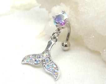Sparkly Aurora Borealis Whale Tail Belly Ring, Whale Tail Jewelry, Reverse Top Down Belly Rings