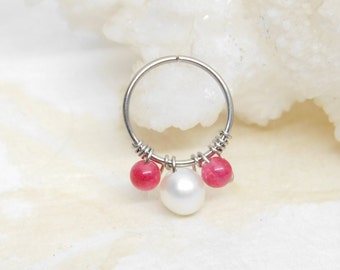 16g 18g 20g White Pearl Pink Sapphire Cartilage Hoop, Tragus Helix or Septum Ring, Seamless Hoops, Body Jewelry