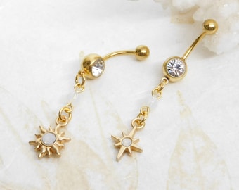 Sun or Star Belly Ring, Dangle Belly Ring, Celestial Belly Ring, Body Jewelry, Gift for Her, Navel Jewelry