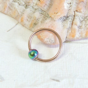 Rose Gold Rainbow Hematite Cartilage Hoop Earring, CBR Captive Bead Rings, Tragus Helix Daith Nose Ring, Rose Gold Hoop