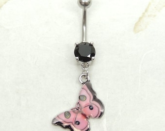 Pink Black Butterfly Dangle Belly Ring, Belly Button Jewelry, Charm Belly Ring, Pretty Belly Ring