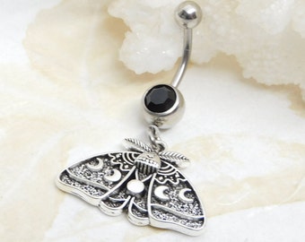 Moth Belly Ring You Choose Barbell Color, Moon Phase Luna Moth, 14g Surgical Steel, Navel Ring
