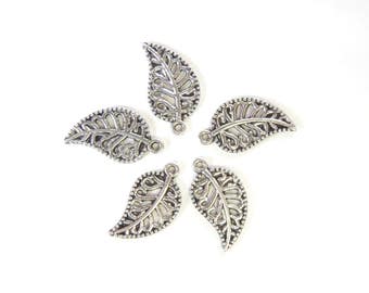 Antique Silver Filigree Leaf Charms 5 Pieces, Leaf Charm, Tibetan Silver Charms, Jewelry Making Supply Charms