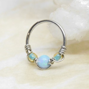 Light Blue Opal Beaded Cartilage Hoop, Septum Nose Ring Hoop, Helix Daith Orbital Piercing, Seamless Hoops, Opal Body Jewelry