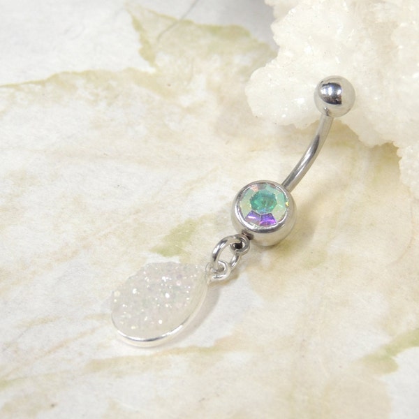 Natural White Rainbow Druzy Belly Ring, Belly Navel Piercings, Gemstone Belly Ring, Druzy Agate Raw Crystal