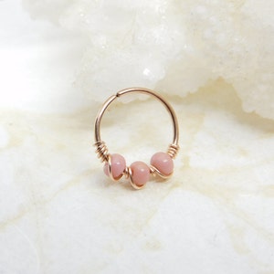20g 8mm 10mm Pink Beaded Rose Gold Nose Hoop Cartilage Hoop Earring, Septum Nose Ring Hoop, Bohemian Nose Jewelry, Seamless Hoop