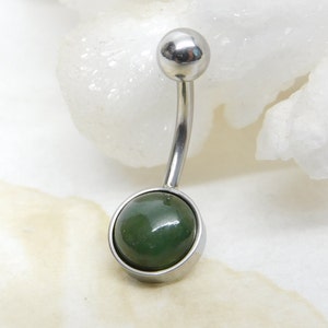 Natural Green Nephrite Jade Belly Ring, Non Dangle Belly Ring, Simple Belly Ring, Navel Piercings, 14g