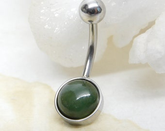 Natural Green Nephrite Jade Belly Ring, Non Dangle Belly Ring, Simple Belly Ring, Navel Piercings, 14g