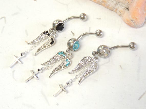 Aqua Fancy Wings Jeweled Dangling Navel Belly bar Aqua Fancy Wings Jeweled Dangling Navel Belly bar