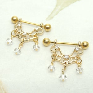 14g Fancy Nipple Rings with Crystal Dangles, Nipple Jewelry, Dangle Nipple Rings, Nipple Shields, Nipple Piercing