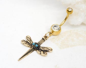 Dragonfly Dagger Belly Ring, 14g Gold Steel, Dragonfly Insect Jewelry