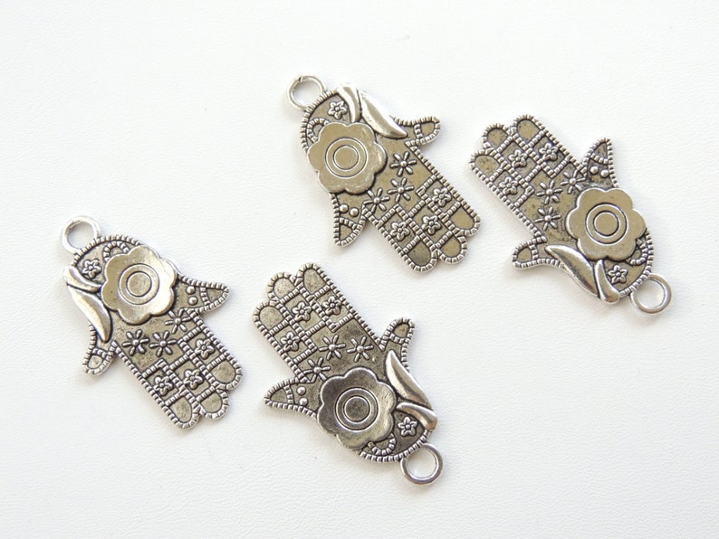 Jewish Hamsa Hand DIY Jewelry Making Supply. Silver Charms Large Hand Charm Flower Charms Large Hamsa Hand Pendant Charms 4 pc