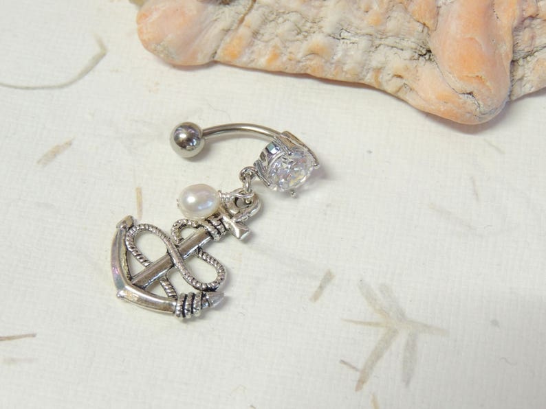 Anchor Belly Button Ring, 14g 16g Reverse Dangle Belly Ring, Belly Button Jewelry, Cute Belly Ring, Nautical Beach Ocean image 2