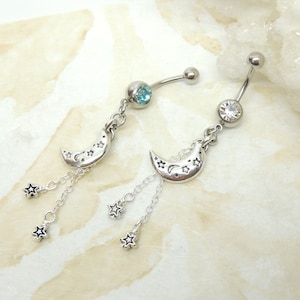Crescent Moon Stars Dangle Belly Ring You Choose Barbell Color, Belly Button Jewelry, Moon Belly Ring, Celestial