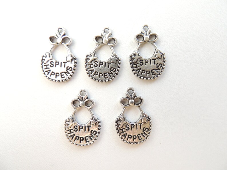 Tibetan Silver Charms Baby Bib Charms Baby Shower Decor Favors New Mom DIY Jewelry Making Supply. 5 Spit Happens Baby Bib Charms