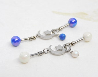 Crescent Moon and Star Industrial Barbell, 14g Solid Steel Barbell, Scaffold Industrial Bar, Upper Ear Cartilage Piercing