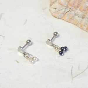 Heart Tragus Helix Barbell with Wire Wrapped Pearl Dangles, 16g Surgical Steel Barbell, Helix Earring, Cartilage Earring