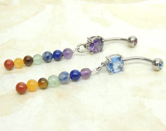 Chakra Mixed Gemstone Dangle Belly Ring, Natural Stone Belly Ring, Handcrafted Body Jewelry, Prong Set Belly Navel Ring, Chakra Jewelry