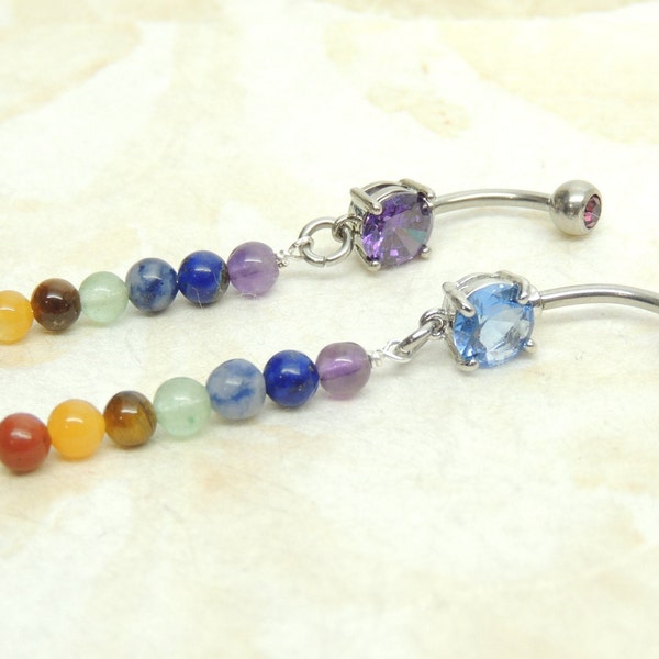 Chakra Mixed Gemstone Dangle Belly Ring, Natural Stone Belly Ring, Handcrafted Body Jewelry, Prong Set Belly Navel Ring, Chakra Jewelry