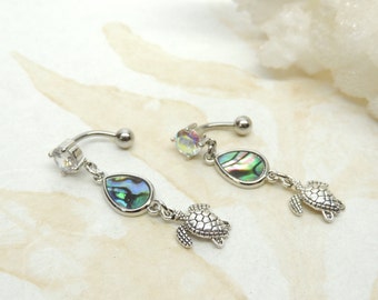 14g Abalone Turtle Reverse Dangle Belly Button Ring, Belly Button Jewelry, Nautical Beach Ocean, Turtle Jewelry