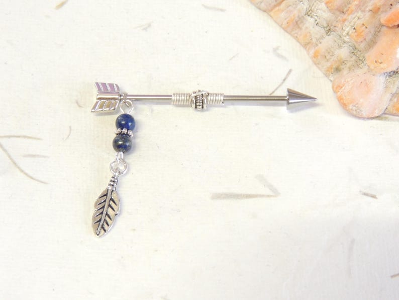 Boho Tribal Feather Arrow Industrial Barbell You Choose Gemstone 14g Surgical Steel Barbell Arrow Barbell
