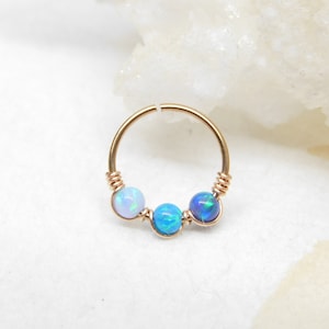 Blue Opal Rose Gold Nose Hoop Ring, Opal Cartilage Hoop Earring, Helix Daith Orbital Piercing, Seamless Hoops, Opal Nose Ring