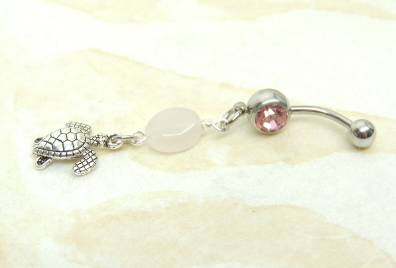 Turtle Belly Button Ring with Rose Quartz Dangle Belly Ring Turtle Lover Belly Button Jewelry Cute Belly Ring