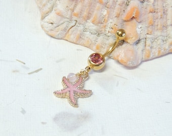 Pink Starfish Dangle Belly Button Navel Ring, Gold Belly Ring, Starfish Jewelry, Nautical Beach Belly Ring