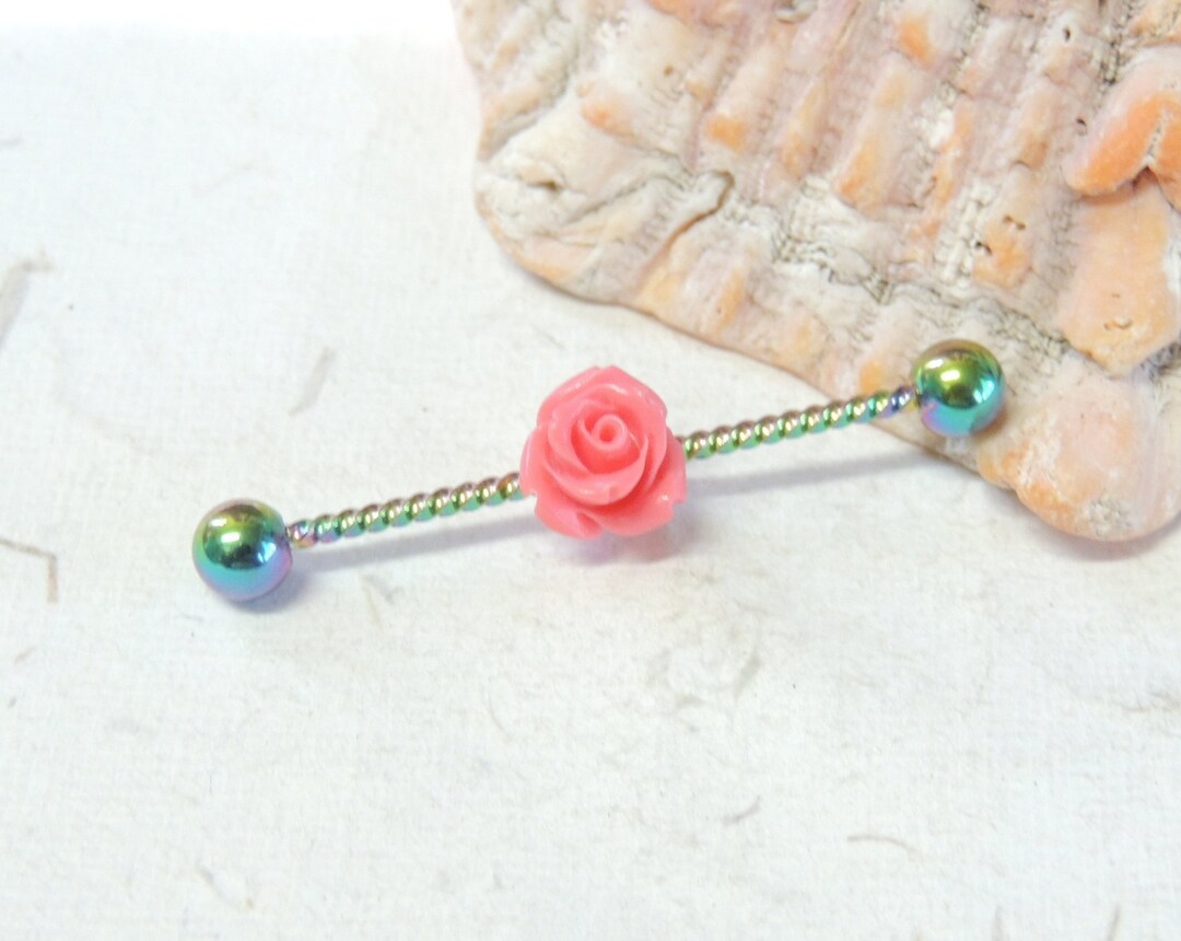 Rose Twisted Steel Industrial Barbell You Choose Color, Flower