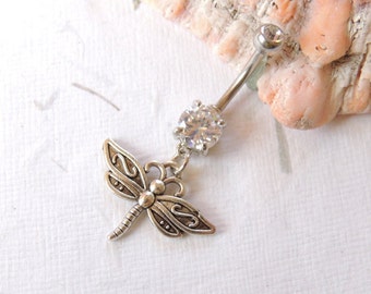 Dragonfly Belly Ring You Choose Barbell Color, Belly Button Jewelry, Charm Belly Ring, 14g Prong Set Barbell, Dragonfly Jewelry