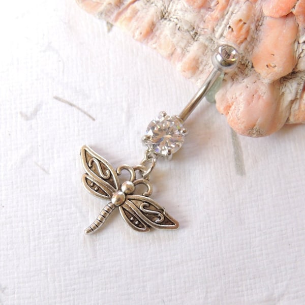 Dragonfly Belly Ring You Choose Barbell Color, Belly Button Jewelry, Charm Belly Ring, 14g Prong Set Barbell, Dragonfly Jewelry