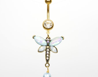 Golden Dragonfly Belly Ring Pearl & CZ Accent, 14g Gold Steel, Body Jewelry