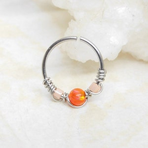 Orange Opal Beaded Cartilage Hoop, Septum Nose Ring Hoop, Helix Daith Orbital Piercing, Seamless Hoops, Opal Body Jewelry