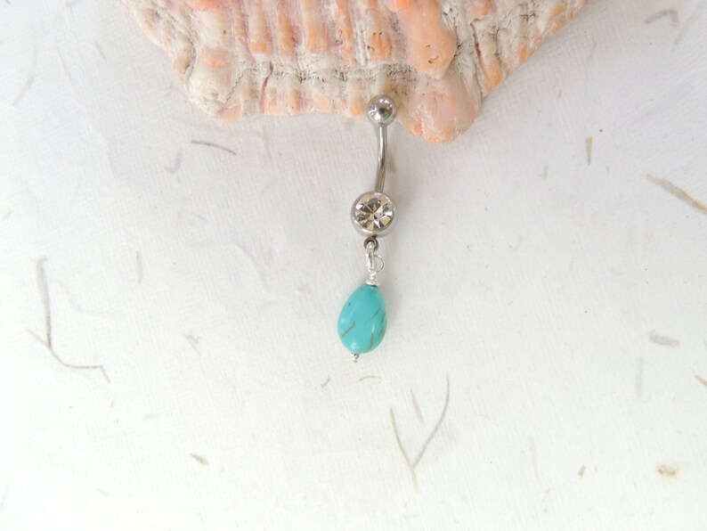 Turquoise Dangle Belly Button Ring Silver Belly Ring Teardrop Belly Ring Turquoise Belly Ring